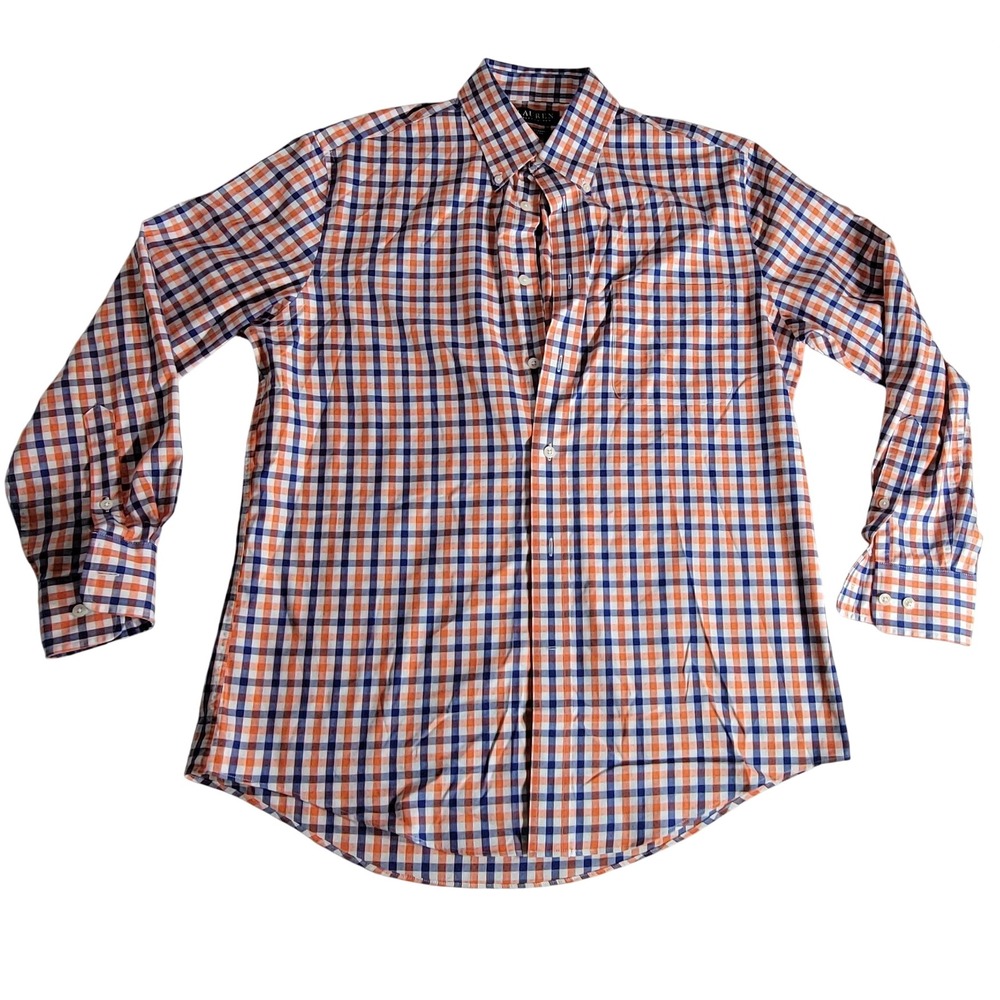 Lauren Ralph Lauren Mens Orange Navy Gingham Stretch Regular Shirt 15.5 32/33
